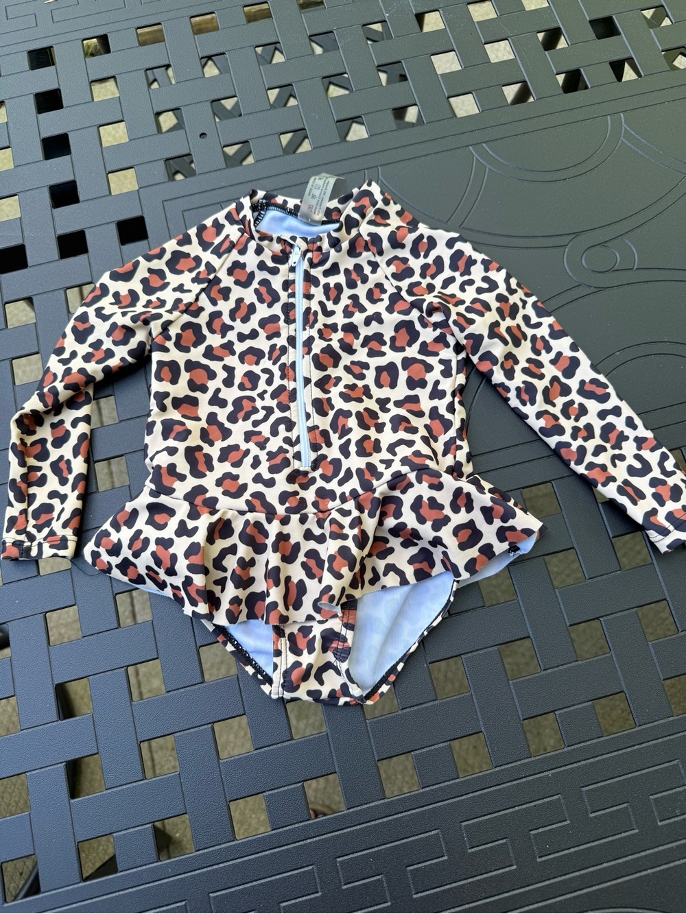 Girls Leopard Print Long Sleeve Ruffle Swimsuit